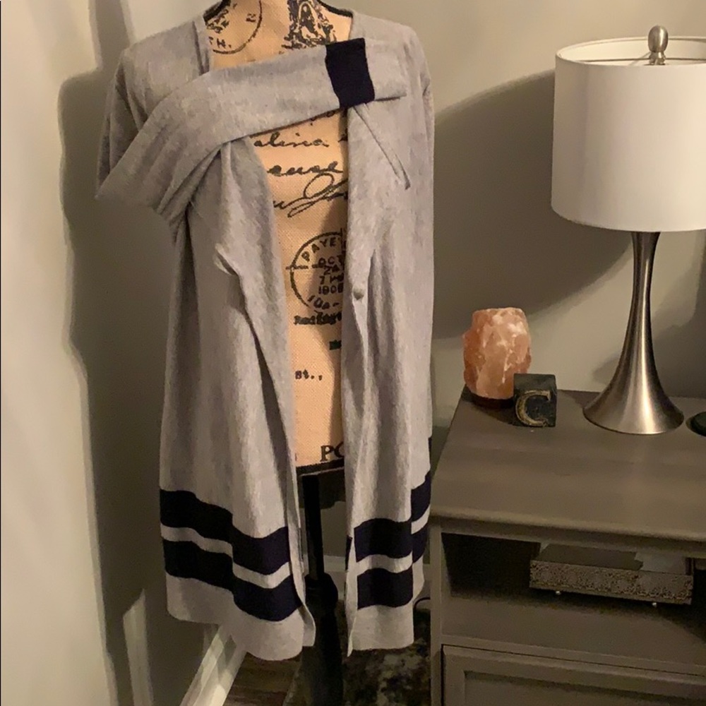 Boden Gray Open-Front Cardigan with Navy Stripes
